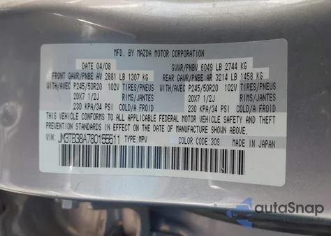 2008 Mazda Cx-9 from USA, damaged, VIN JM3TB38A780155511